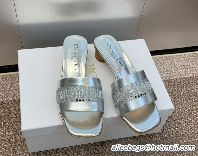 Buy Luxury Dior Dway Heel Slides Sandal 4.5cm in Calfskin and Embroidered Cotton Silver 0425109