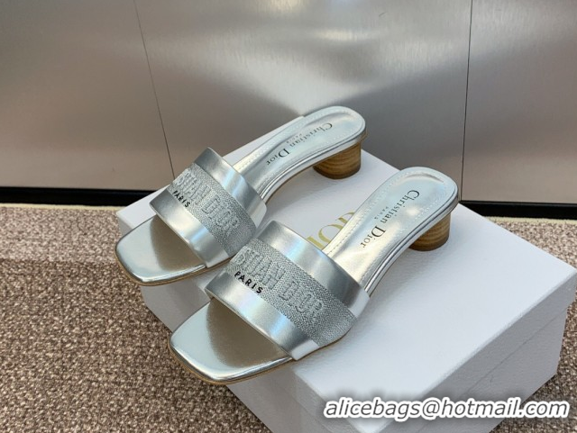 Buy Luxury Dior Dway Heel Slides Sandal 4.5cm in Calfskin and Embroidered Cotton Silver 0425109