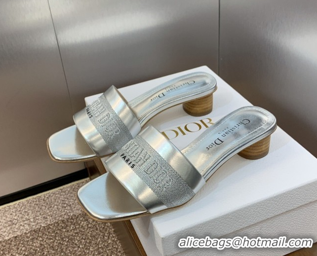 Buy Luxury Dior Dway Heel Slides Sandal 4.5cm in Calfskin and Embroidered Cotton Silver 0425109