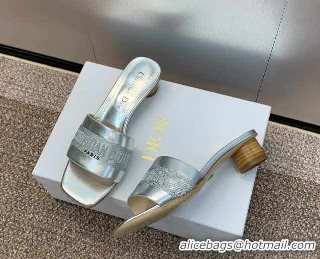 Buy Luxury Dior Dway Heel Slides Sandal 4.5cm in Calfskin and Embroidered Cotton Silver 0425109