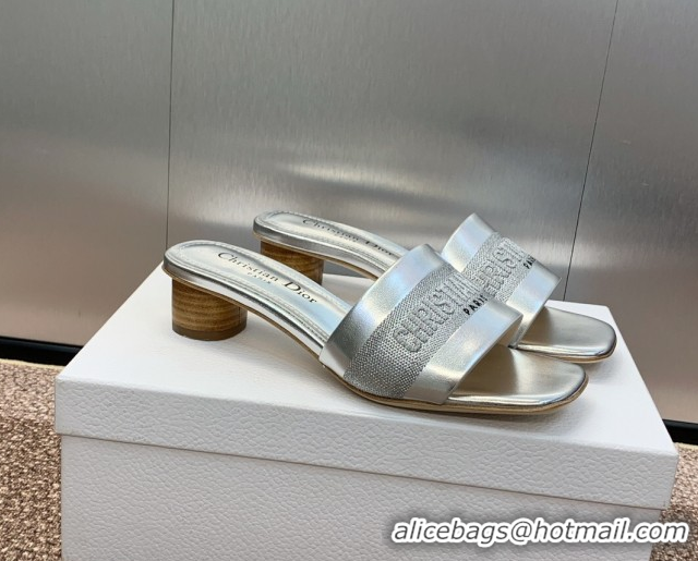 Buy Luxury Dior Dway Heel Slides Sandal 4.5cm in Calfskin and Embroidered Cotton Silver 0425109