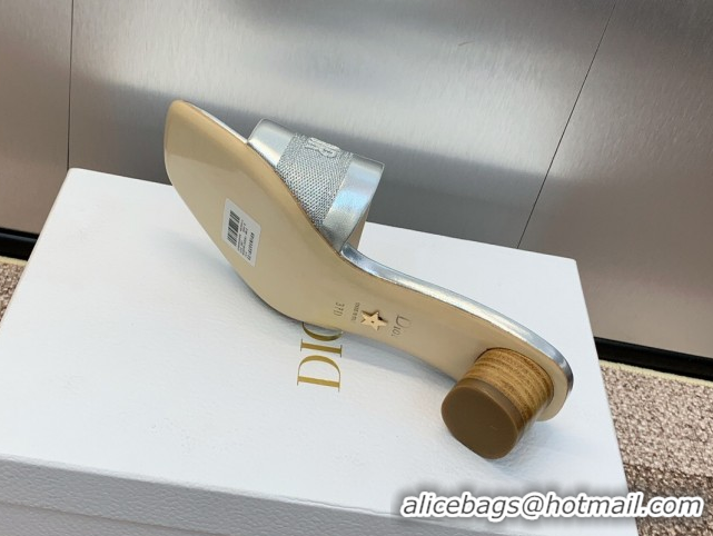 Buy Luxury Dior Dway Heel Slides Sandal 4.5cm in Calfskin and Embroidered Cotton Silver 0425109