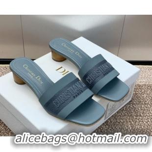 Charming Dior Dway Heel Slides Sandal 4.5cm in Calfskin and Embroidered Cotton Blue 0425111