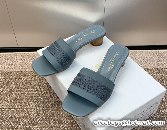 Charming Dior Dway Heel Slides Sandal 4.5cm in Calfskin and Embroidered Cotton Blue 0425111