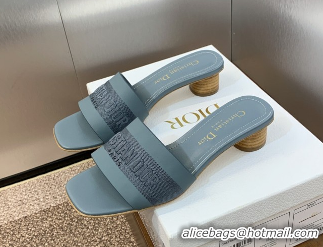 Charming Dior Dway Heel Slides Sandal 4.5cm in Calfskin and Embroidered Cotton Blue 0425111