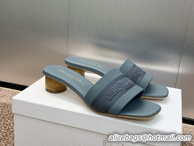 Charming Dior Dway Heel Slides Sandal 4.5cm in Calfskin and Embroidered Cotton Blue 0425111