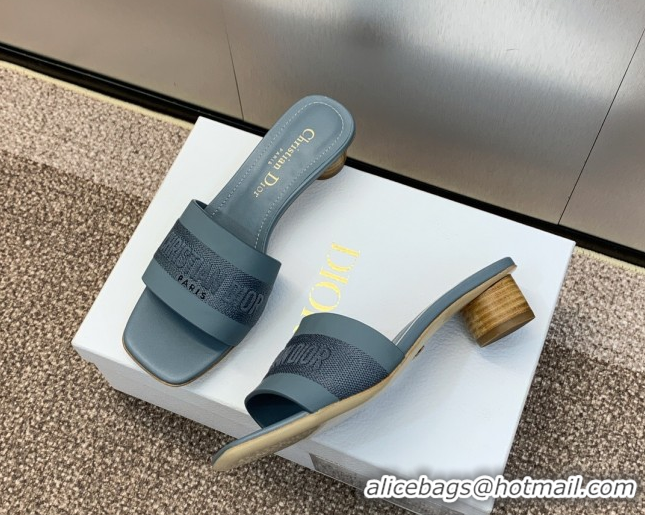 Charming Dior Dway Heel Slides Sandal 4.5cm in Calfskin and Embroidered Cotton Blue 0425111
