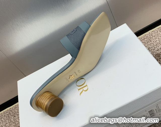 Charming Dior Dway Heel Slides Sandal 4.5cm in Calfskin and Embroidered Cotton Blue 0425111