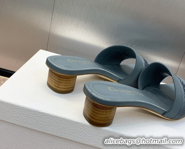 Charming Dior Dway Heel Slides Sandal 4.5cm in Calfskin and Embroidered Cotton Blue 0425111