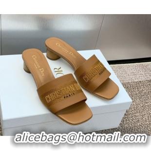 Low Price Dior Dway Heel Slides Sandal 4.5cm in Calfskin and Embroidered Cotton Brown 0425113