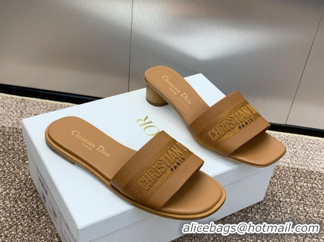 Low Price Dior Dway Heel Slides Sandal 4.5cm in Calfskin and Embroidered Cotton Brown 0425113