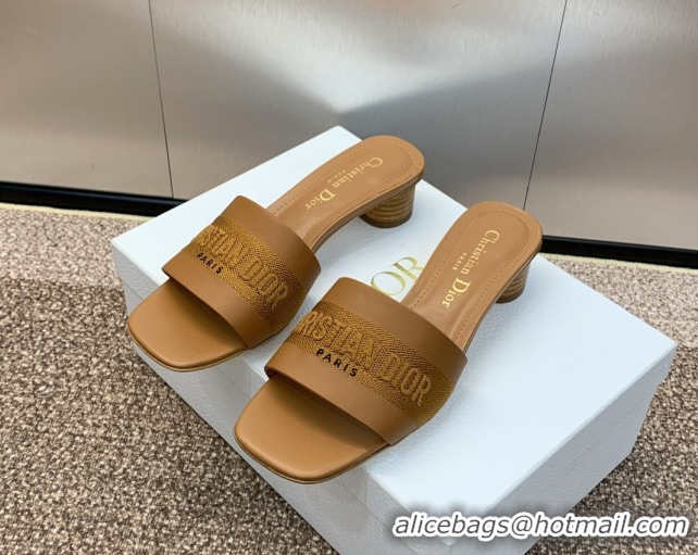 Low Price Dior Dway Heel Slides Sandal 4.5cm in Calfskin and Embroidered Cotton Brown 0425113