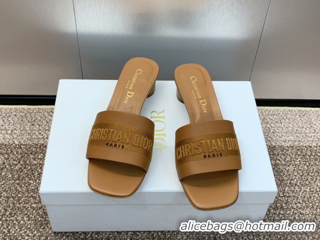 Low Price Dior Dway Heel Slides Sandal 4.5cm in Calfskin and Embroidered Cotton Brown 0425113