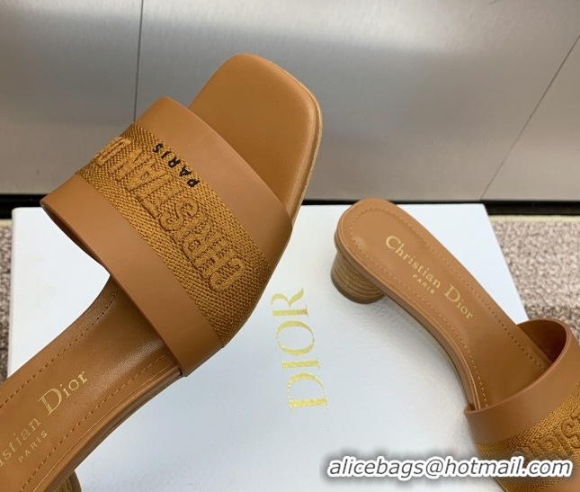 Low Price Dior Dway Heel Slides Sandal 4.5cm in Calfskin and Embroidered Cotton Brown 0425113