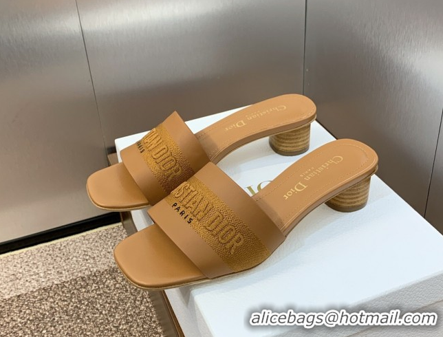 Low Price Dior Dway Heel Slides Sandal 4.5cm in Calfskin and Embroidered Cotton Brown 0425113