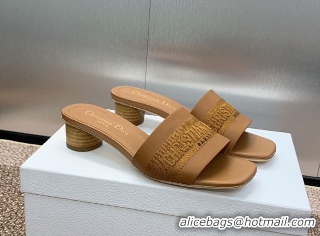 Low Price Dior Dway Heel Slides Sandal 4.5cm in Calfskin and Embroidered Cotton Brown 0425113