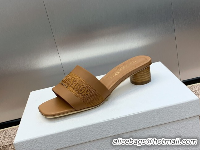Low Price Dior Dway Heel Slides Sandal 4.5cm in Calfskin and Embroidered Cotton Brown 0425113