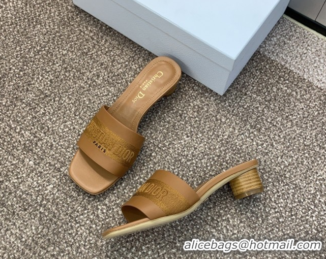 Low Price Dior Dway Heel Slides Sandal 4.5cm in Calfskin and Embroidered Cotton Brown 0425113