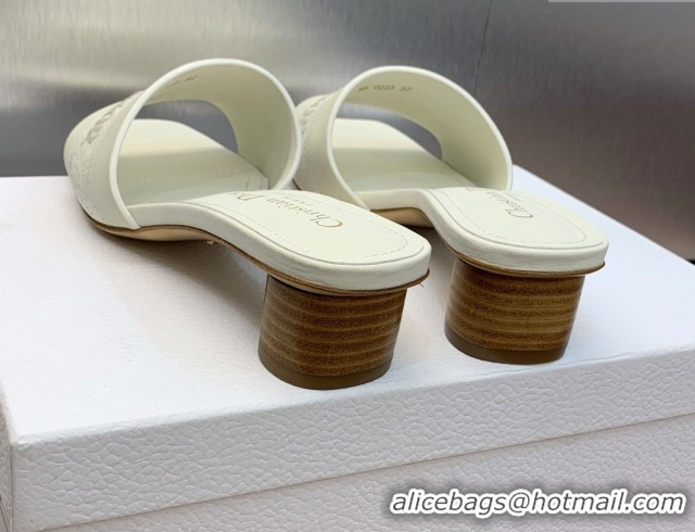 Top Grade Dior Dway Heel Slides Sandal 4.5cm in Calfskin and Embroidered Cotton White 0425115
