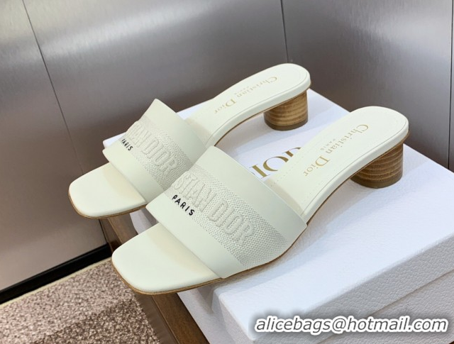 Top Grade Dior Dway Heel Slides Sandal 4.5cm in Calfskin and Embroidered Cotton White 0425115