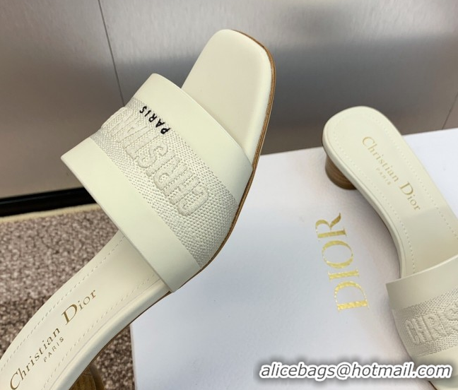 Top Grade Dior Dway Heel Slides Sandal 4.5cm in Calfskin and Embroidered Cotton White 0425115