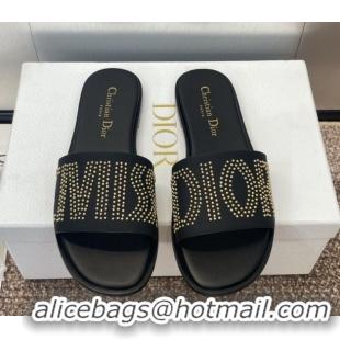 Unique Style Dior Dway Flat Slides Sandal in Calfskin and Gold-Finish Studs Black 0425117