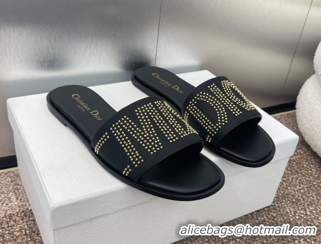 Unique Style Dior Dway Flat Slides Sandal in Calfskin and Gold-Finish Studs Black 0425117