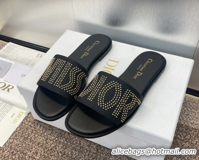 Unique Style Dior Dway Flat Slides Sandal in Calfskin and Gold-Finish Studs Black 0425117
