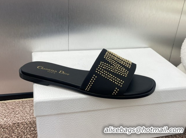 Unique Style Dior Dway Flat Slides Sandal in Calfskin and Gold-Finish Studs Black 0425117