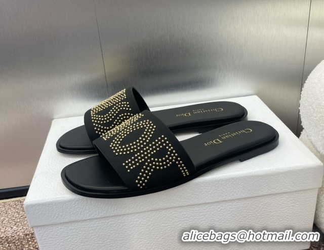 Unique Style Dior Dway Flat Slides Sandal in Calfskin and Gold-Finish Studs Black 0425117