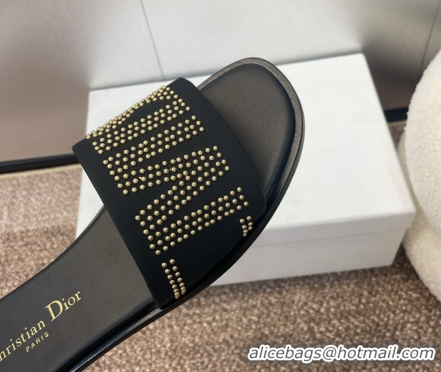 Unique Style Dior Dway Flat Slides Sandal in Calfskin and Gold-Finish Studs Black 0425117