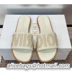 Buy Luxury Dior Dway Flat Slides Sandal in Calfskin and Gold-Finish Studs White 0425118