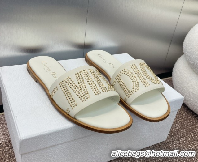 Buy Luxury Dior Dway Flat Slides Sandal in Calfskin and Gold-Finish Studs White 0425118