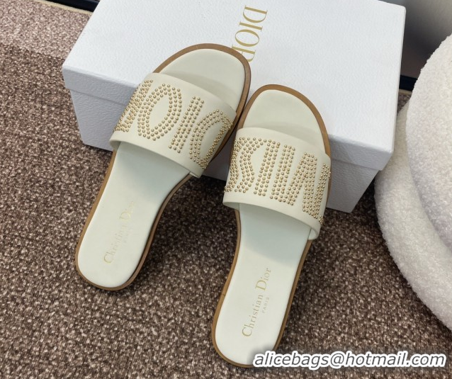 Buy Luxury Dior Dway Flat Slides Sandal in Calfskin and Gold-Finish Studs White 0425118