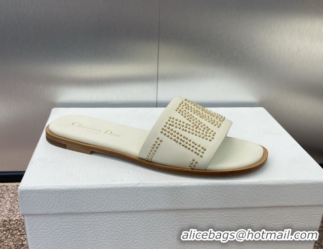 Buy Luxury Dior Dway Flat Slides Sandal in Calfskin and Gold-Finish Studs White 0425118