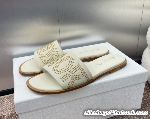 Buy Luxury Dior Dway Flat Slides Sandal in Calfskin and Gold-Finish Studs White 0425118