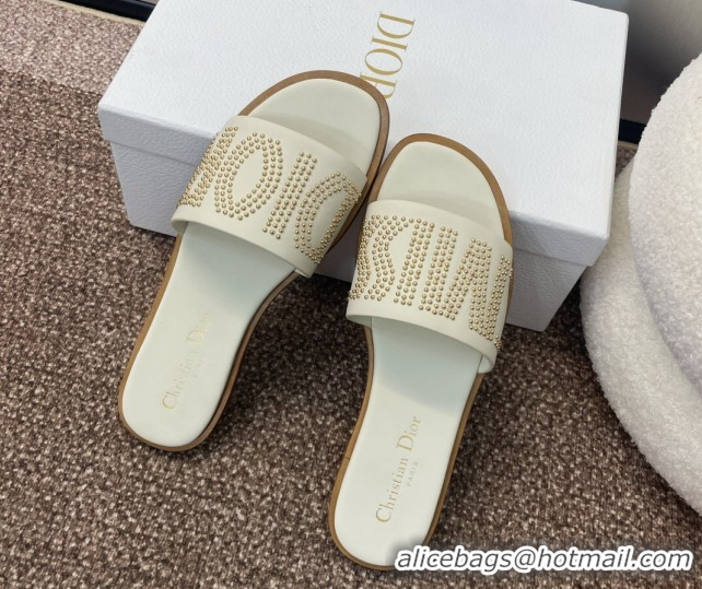 Buy Luxury Dior Dway Flat Slides Sandal in Calfskin and Gold-Finish Studs White 0425118