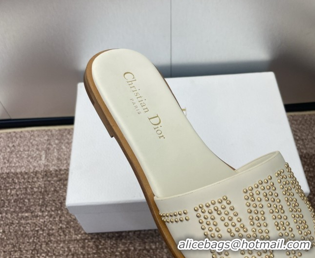 Buy Luxury Dior Dway Flat Slides Sandal in Calfskin and Gold-Finish Studs White 0425118