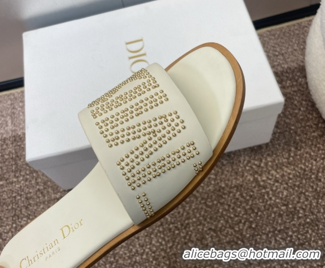 Buy Luxury Dior Dway Flat Slides Sandal in Calfskin and Gold-Finish Studs White 0425118