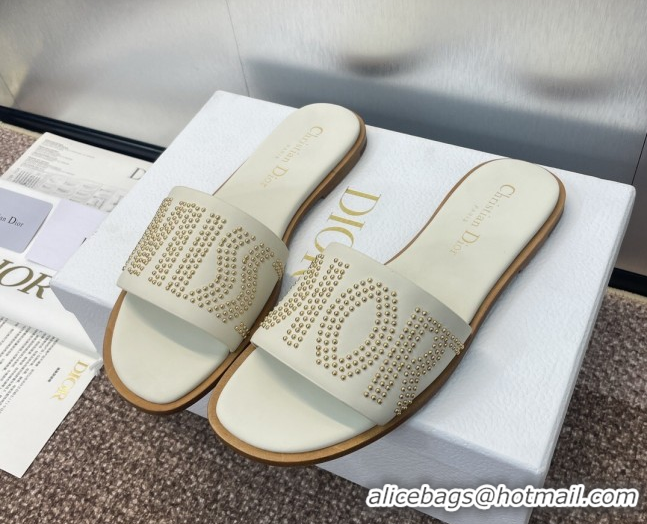 Buy Luxury Dior Dway Flat Slides Sandal in Calfskin and Gold-Finish Studs White 0425118