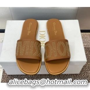 Good Quality Dior Dway Flat Slides Sandal in Calfskin and Gold-Finish Studs Brown 0425119