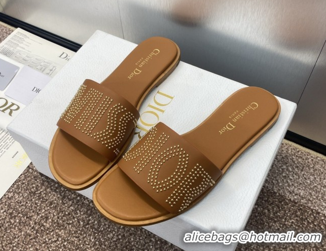 Good Quality Dior Dway Flat Slides Sandal in Calfskin and Gold-Finish Studs Brown 0425119