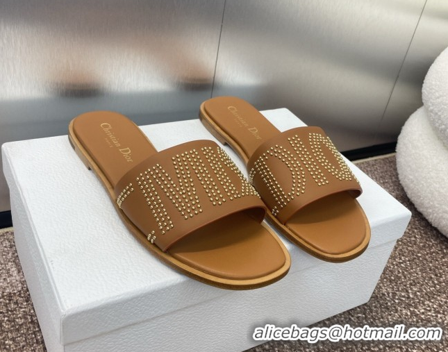 Good Quality Dior Dway Flat Slides Sandal in Calfskin and Gold-Finish Studs Brown 0425119