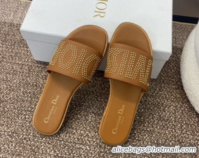 Good Quality Dior Dway Flat Slides Sandal in Calfskin and Gold-Finish Studs Brown 0425119