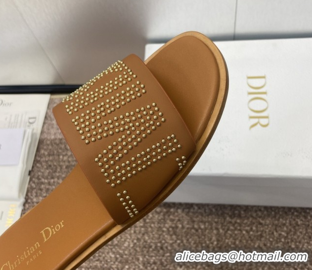 Good Quality Dior Dway Flat Slides Sandal in Calfskin and Gold-Finish Studs Brown 0425119