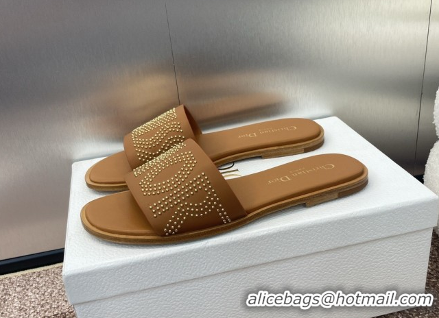 Good Quality Dior Dway Flat Slides Sandal in Calfskin and Gold-Finish Studs Brown 0425119