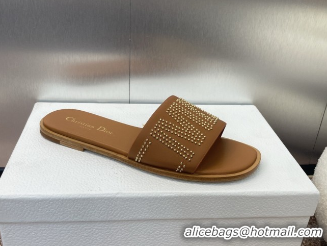 Good Quality Dior Dway Flat Slides Sandal in Calfskin and Gold-Finish Studs Brown 0425119