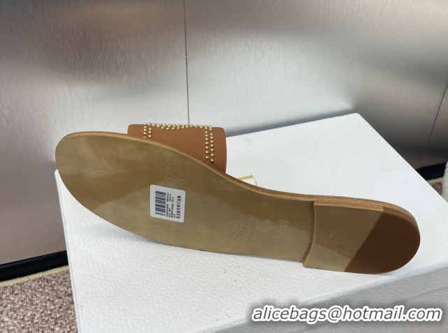 Good Quality Dior Dway Flat Slides Sandal in Calfskin and Gold-Finish Studs Brown 0425119