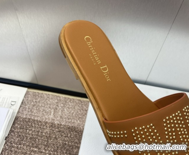 Good Quality Dior Dway Flat Slides Sandal in Calfskin and Gold-Finish Studs Brown 0425119