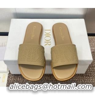 Grade Quality Dior Dway Flat Slides Sandal in Calfskin and Gold-Finish Studs Beige 0425120